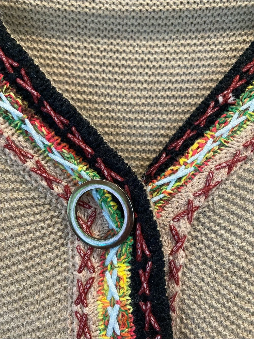 Simply Couture Beige Knit Swing Cardigan with Multicolor Embroidered Trim - Picture 3 of 6